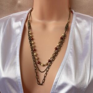 Vintage Triple Layered Necklace 3 Color Faux Pearl Bead Boho Bronze Tone 22-24"
